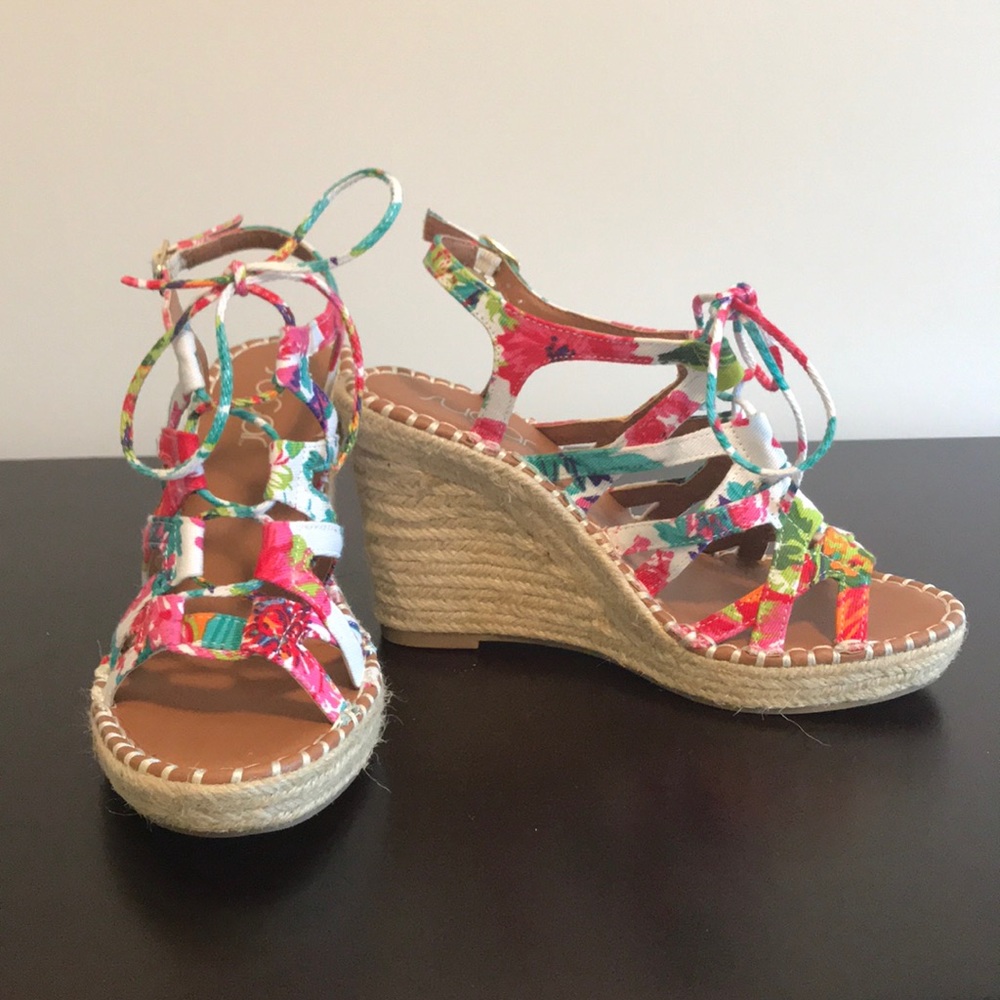 NEW without tags, colorful lace up wedges